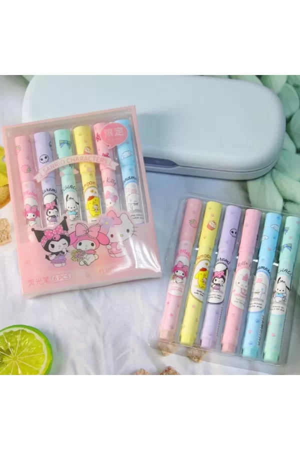 6lı Fosforlu Kalem Seti - Sanrio Karakterleri, Kuromi, Hello Kitty