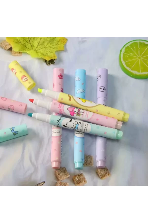 6lı Fosforlu Kalem Seti - Sanrio Karakterleri, Kuromi, Hello Kitty