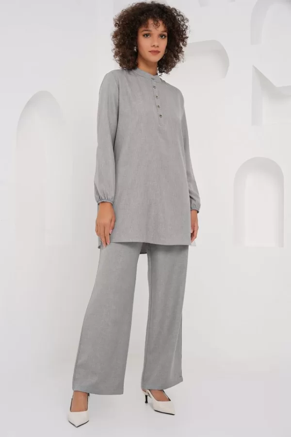 6678 Keten Tunik Pantolon İkili Takım - Gri