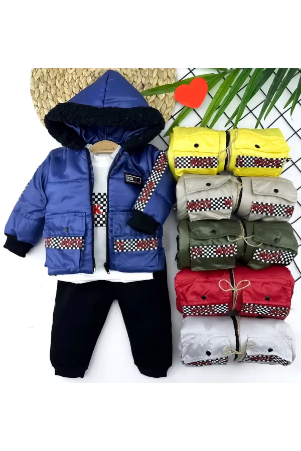 Luz&Pos 9-12-18-24 Ay Kapşonlu Fermuarlı Mont Pantolon Uzun Kollu Sweatli 3lü Kız Erkek Bebek Takımı Sarı