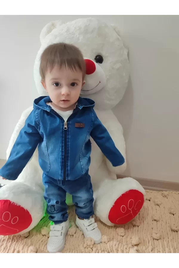 Luz&Pos 9-12-18-24 Ay Kot Kumaş Kapşonlu Uzun Kol Sweatli Kot Kumaş 3lü Erkek Bebek Takımı Mavi