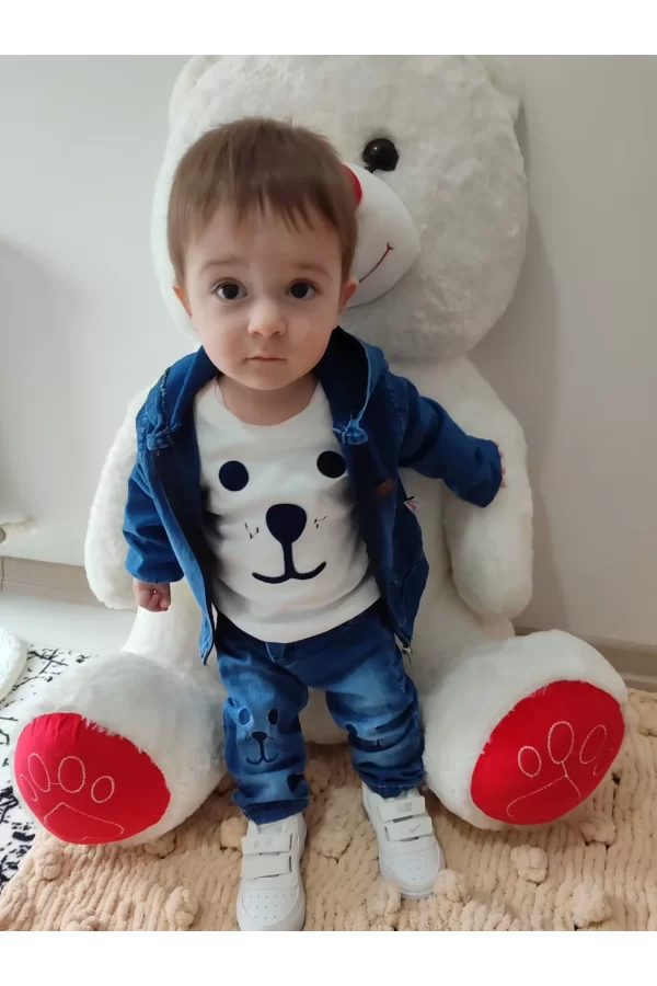 Luz&Pos 9-12-18-24 Ay Kot Kumaş Kapşonlu Uzun Kol Sweatli Kot Kumaş 3lü Erkek Bebek Takımı Mavi