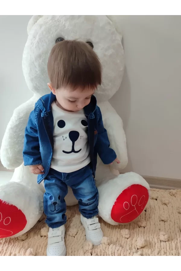 Luz&Pos 9-12-18-24 Ay Kot Kumaş Kapşonlu Uzun Kol Sweatli Kot Kumaş 3lü Erkek Bebek Takımı Mavi
