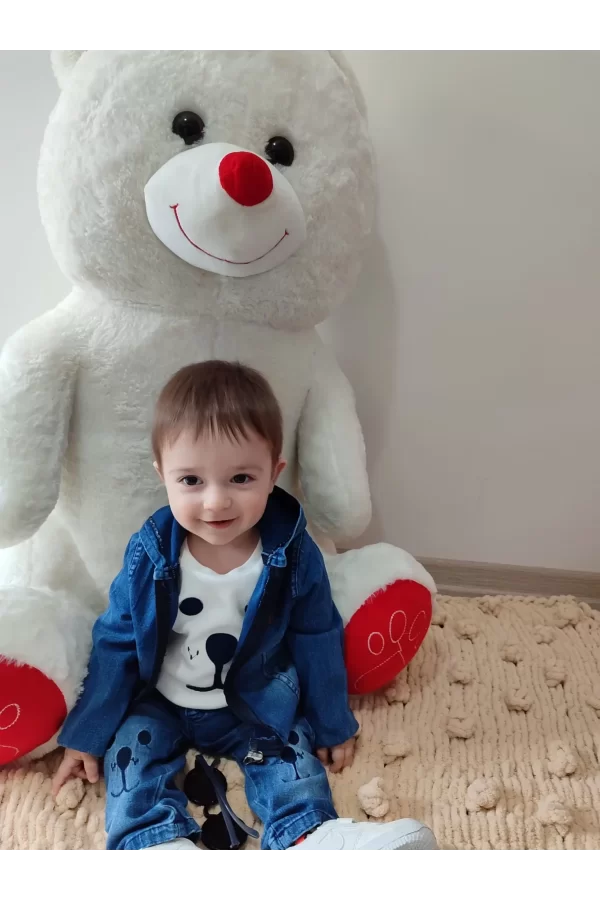 Luz&Pos 9-12-18-24 Ay Kot Kumaş Kapşonlu Uzun Kol Sweatli Kot Kumaş 3lü Erkek Bebek Takımı Mavi