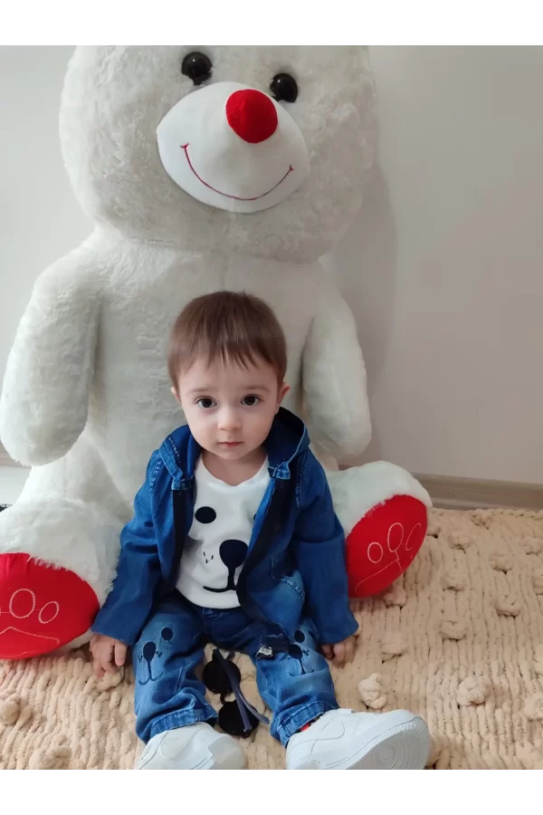 Luz&Pos 9-12-18-24 Ay Kot Kumaş Kapşonlu Uzun Kol Sweatli Kot Kumaş 3lü Erkek Bebek Takımı Mavi