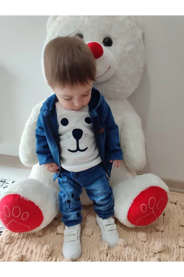 Luz&Pos 9-12-18-24 Ay Kot Kumaş Kapşonlu Uzun Kol Sweatli Kot Kumaş 3lü Erkek Bebek Takımı Mavi