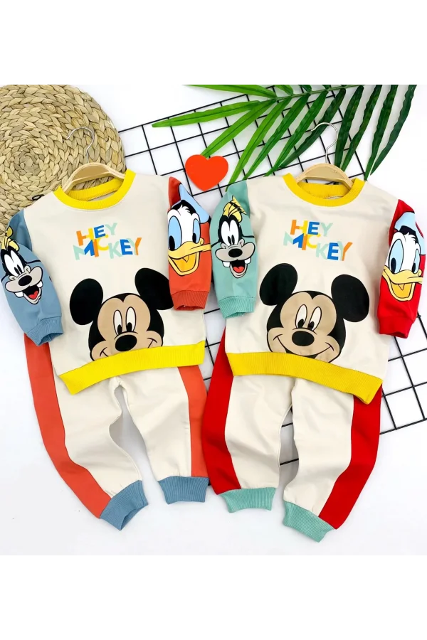 Luz&Pos 9-12-18-24 Ay Mickey Ve Arkadaşları Desenli Uzun Kollu Sweat 2li Kız Erkek Bebek Takımı Mavi
