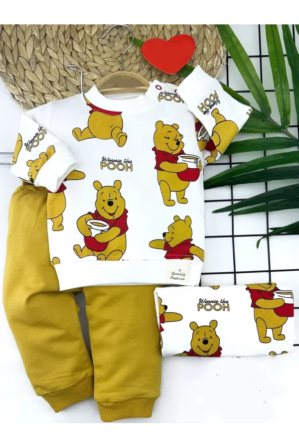 Luz&Pos 9-12-18-24 Ay Pooh Baskılı Yaka Çıtçıtlı Uzun Kollu Sweatli 2li Kız Erkek Bebek Takımı Sarı