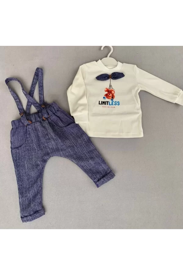 Luz&Pos 9-12-18 Ay Papyonlu Sweat Kot Pantolon 2li Erkek Bebek Salopet Takımı Lacivert