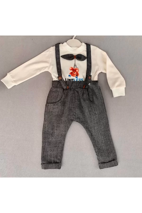 Luz&Pos 9-12-18 Ay Papyonlu Sweat Kot Pantolon 2li Erkek Bebek Salopet Takımı Gri