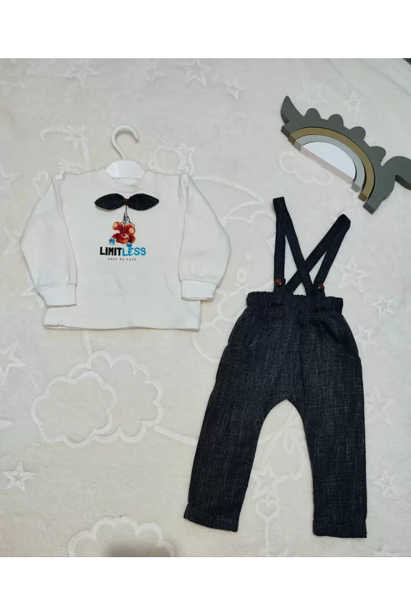 Luz&Pos 9-12-18 Ay Papyonlu Sweat Kot Pantolon 2li Erkek Bebek Salopet Takımı Gri