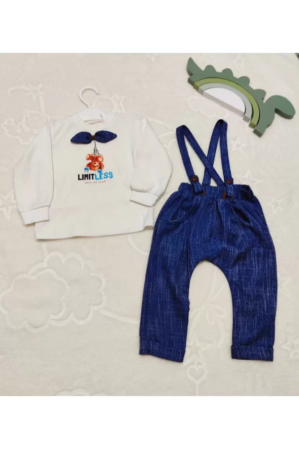 Luz&Pos 9-12-18 Ay Papyonlu Sweat Kot Pantolon 2li Erkek Bebek Salopet Takımı Lacivert