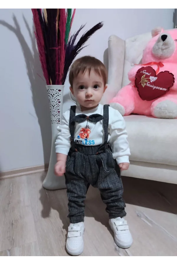 Luz&Pos 9-12-18 Ay Papyonlu Sweat Kot Pantolon 2li Erkek Bebek Salopet Takımı Gri