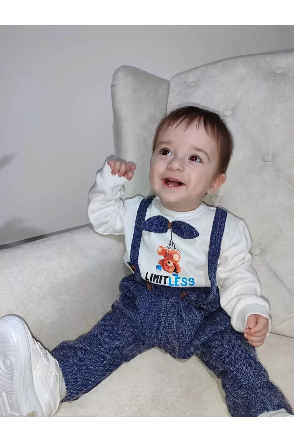 Luz&Pos 9-12-18 Ay Papyonlu Sweat Kot Pantolon 2li Erkek Bebek Salopet Takımı Lacivert