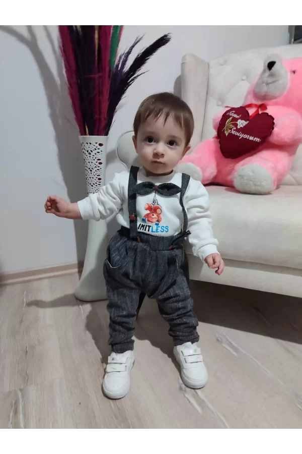 Luz&Pos 9-12-18 Ay Papyonlu Sweat Kot Pantolon 2li Erkek Bebek Salopet Takımı Gri