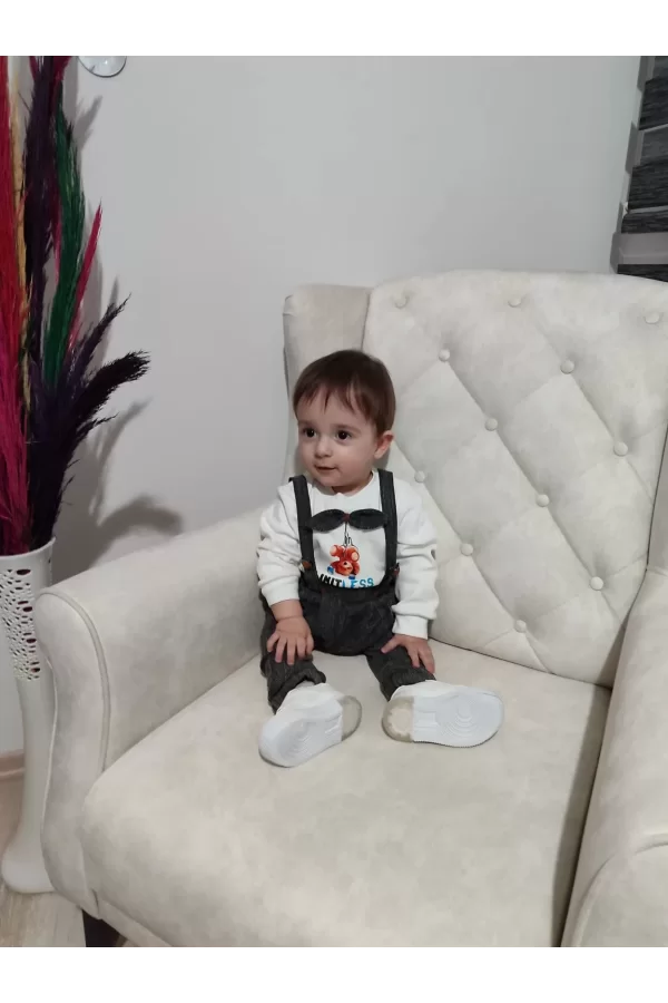 Luz&Pos 9-12-18 Ay Papyonlu Sweat Kot Pantolon 2li Erkek Bebek Salopet Takımı Gri