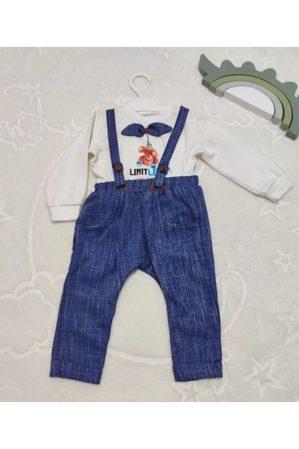 Luz&Pos 9-12-18 Ay Papyonlu Sweat Kot Pantolon 2li Erkek Bebek Salopet Takımı Lacivert
