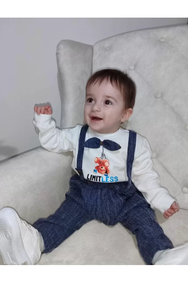 Luz&Pos 9-12-18 Ay Papyonlu Sweat Kot Pantolon 2li Erkek Bebek Salopet Takımı Lacivert