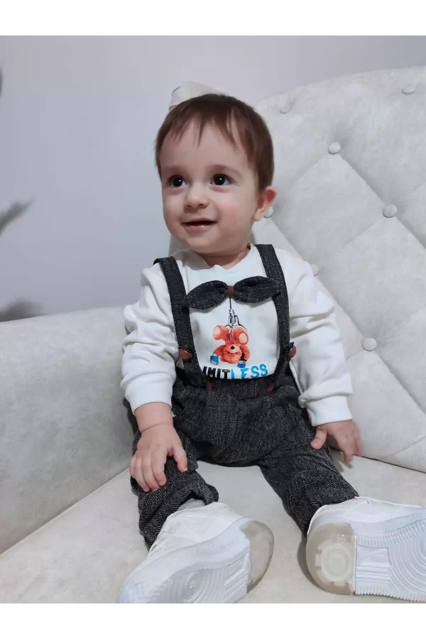 Luz&Pos 9-12-18 Ay Papyonlu Sweat Kot Pantolon 2li Erkek Bebek Salopet Takımı Gri