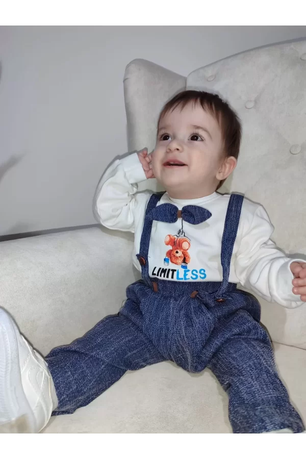 Luz&Pos 9-12-18 Ay Papyonlu Sweat Kot Pantolon 2li Erkek Bebek Salopet Takımı Lacivert