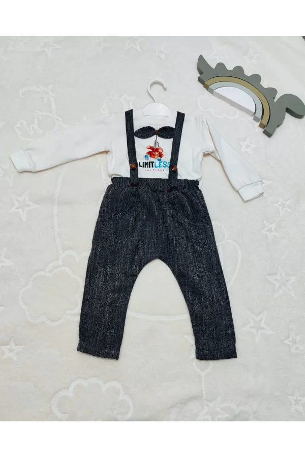 Luz&Pos 9-12-18 Ay Papyonlu Sweat Kot Pantolon 2li Erkek Bebek Salopet Takımı Gri