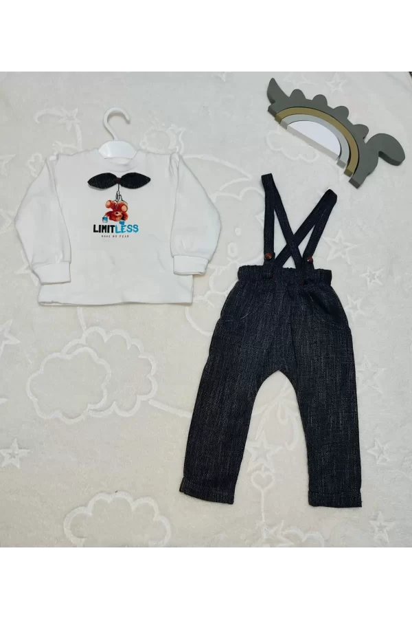 Luz&Pos 9-12-18 Ay Papyonlu Sweat Kot Pantolon 2li Erkek Bebek Salopet Takımı Gri
