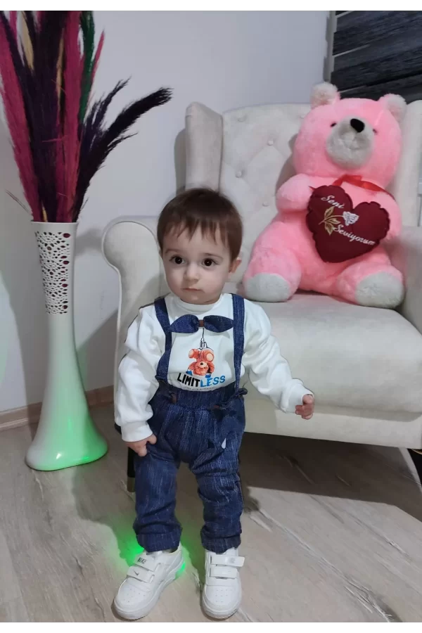 Luz&Pos 9-12-18 Ay Papyonlu Sweat Kot Pantolon 2li Erkek Bebek Salopet Takımı Lacivert