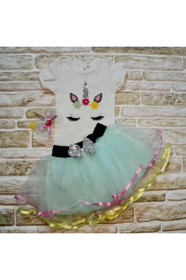 Luz&Pos 9-12-18 Ay Payetli Pony Nakışlı Tokalı Kısa Kollu Tütü Etek 3lü Kız Bebek Takımı Su Yeşili