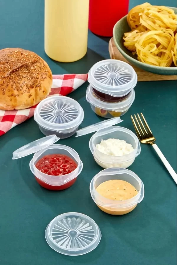 9 Lu Yelpaze Kapaklı Şeffaf Mini Sosluk - Ketçap Mayonez Kabı- Kahve Yanı Şeker Lokumluk