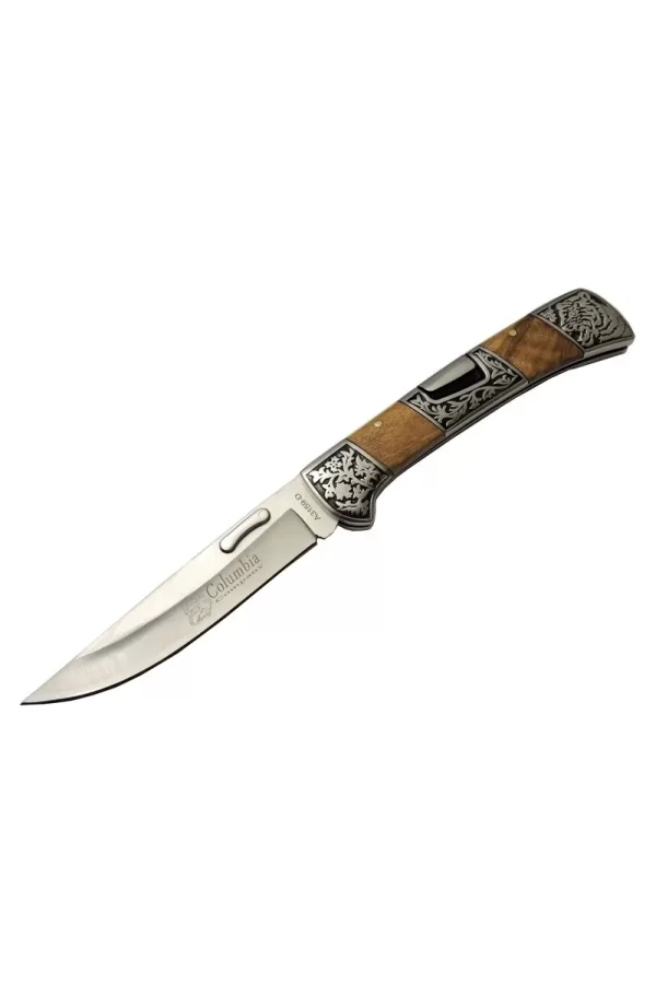 A3159-d Kahverengi Kamp Çakı 23,5cm- Ahşap Sap, Kaplan İşlemeli, Kemerlikli