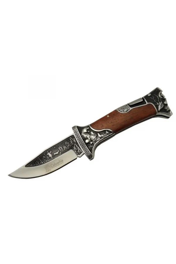 A3188-2 Geyik Desenli Outdoor Çakı 23 Cm - İşlemeli Ahşap Saplı, Perçinli, Deri Kılıflı
