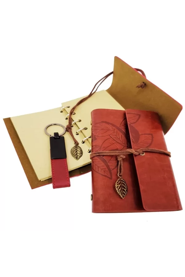 Ahşap Kutulu Kahve Deri Defter Ve Anahtarlık Set