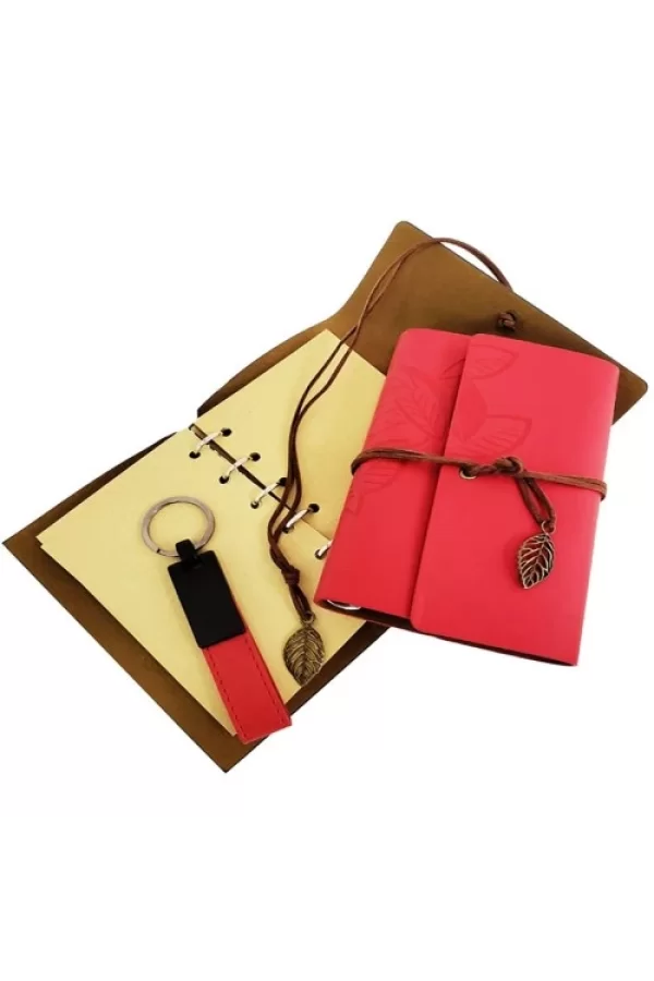 Ahşap Kutulu Kırmızı Deri Defter ve Anahtarlık Set