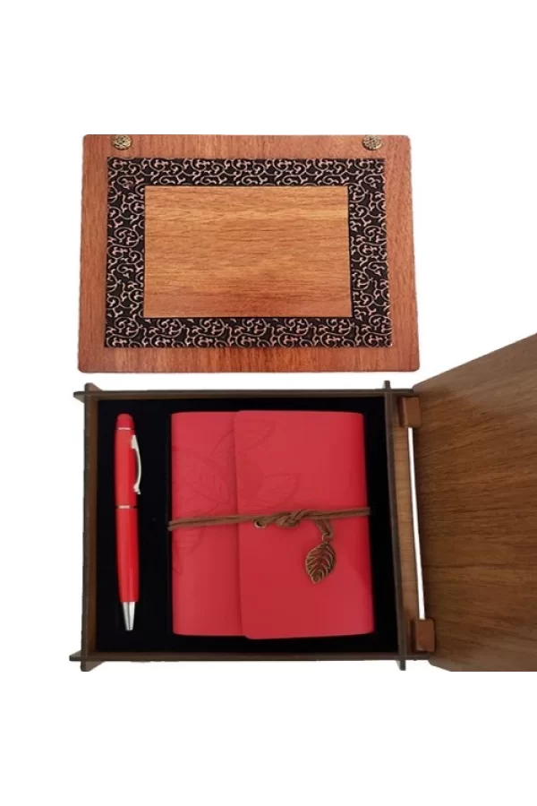 Ahşap Kutulu Kırmızı Deri Defter ve Metal Kalem Set