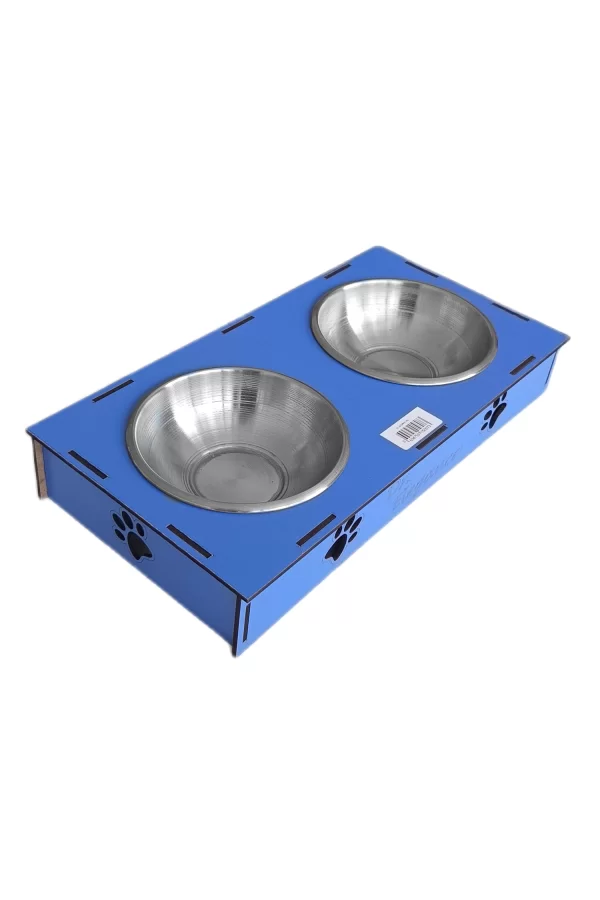 Ahşap Sehpalı İkili Devrilmez Kedi Köpek Su Ve Mama Kabı 34 cm - 300 ml Mavi