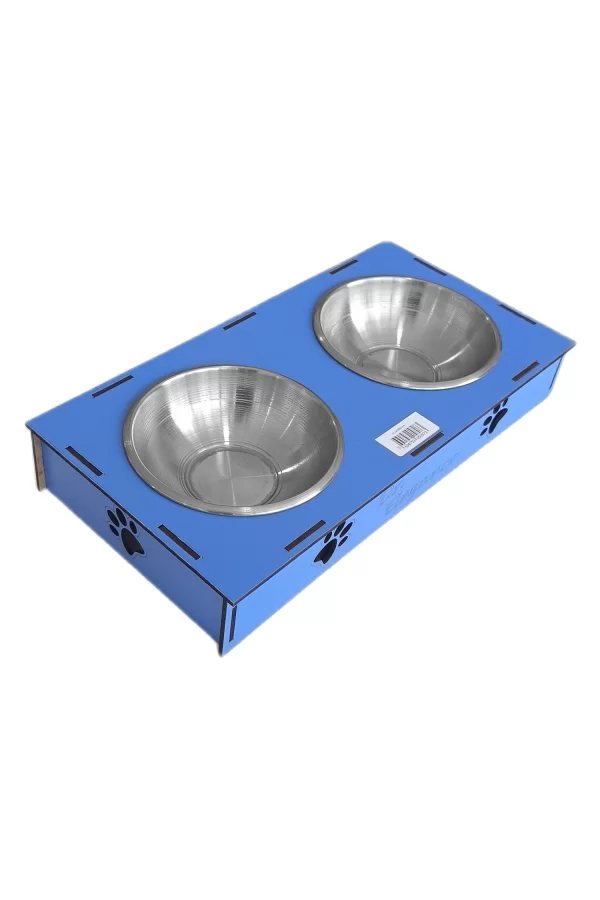 Ahşap Sehpalı İkili Devrilmez Kedi Köpek Su Ve Mama Kabı 34 cm - 300 ml Mavi