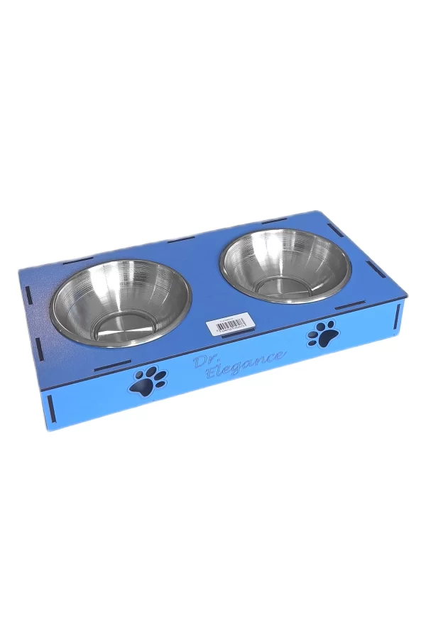 Ahşap Sehpalı İkili Devrilmez Kedi Köpek Su Ve Mama Kabı 34 cm - 300 ml Mavi