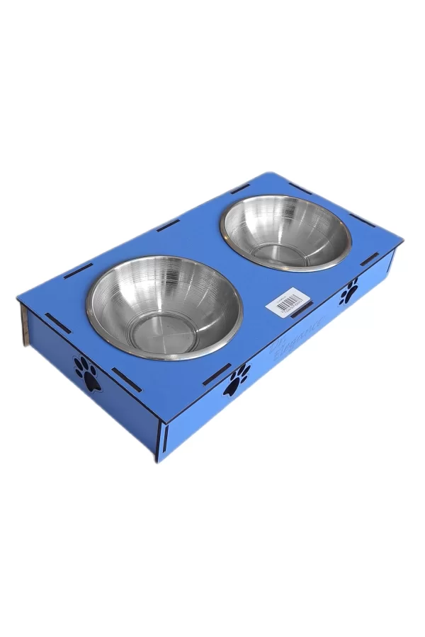 Ahşap Sehpalı İkili Devrilmez Kedi Köpek Su Ve Mama Kabı 34 cm - 300 ml Mavi