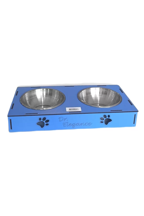 Ahşap Sehpalı İkili Devrilmez Kedi Köpek Su Ve Mama Kabı 34 cm - 300 ml Mavi