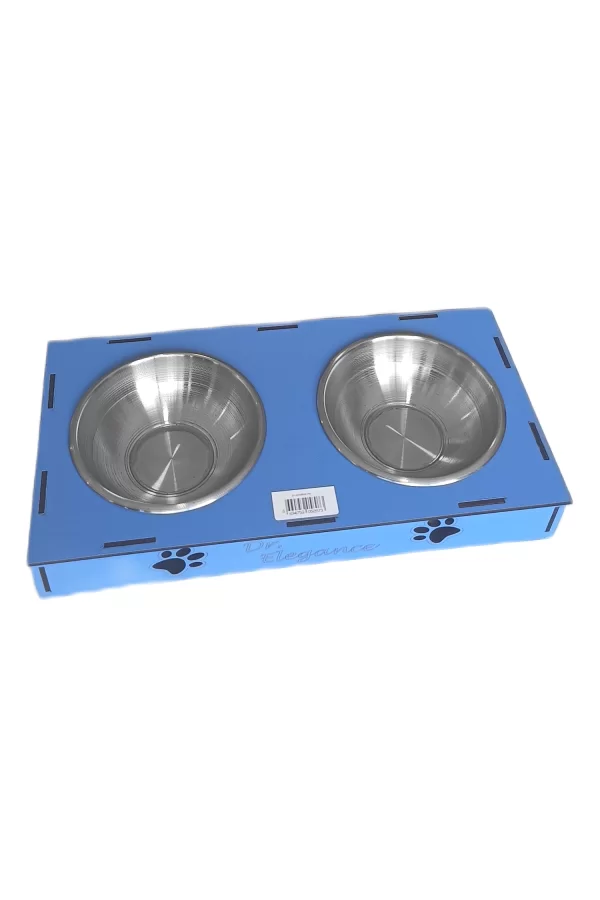 Ahşap Sehpalı İkili Devrilmez Kedi Köpek Su Ve Mama Kabı 34 cm - 300 ml Mavi