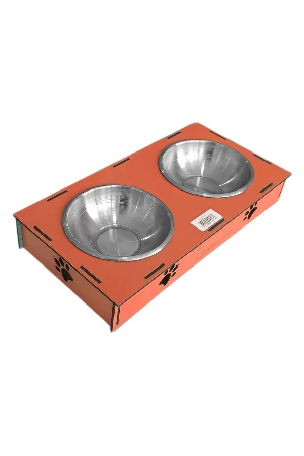 Ahşap Sehpalı İkili Devrilmez Kedi Köpek Su Ve Mama Kabı 34 cm - 300 ml Turuncu