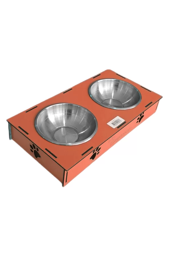 Ahşap Sehpalı İkili Devrilmez Kedi Köpek Su Ve Mama Kabı 34 cm - 300 ml Turuncu