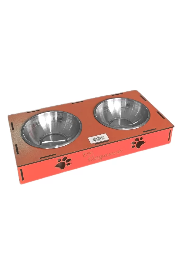 Ahşap Sehpalı İkili Devrilmez Kedi Köpek Su Ve Mama Kabı 34 cm - 300 ml Turuncu
