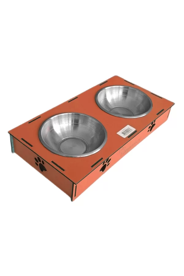 Ahşap Sehpalı İkili Devrilmez Kedi Köpek Su Ve Mama Kabı 34 cm - 300 ml Turuncu