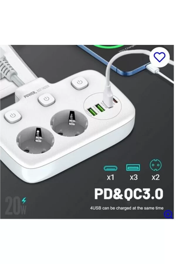 Akım Korumalı 2’li Ayrı Anahtarlı Priz, 2x Priz, 3x Usb, 1x Type-c, 2 Mt Kablo, Hızlı Şarj