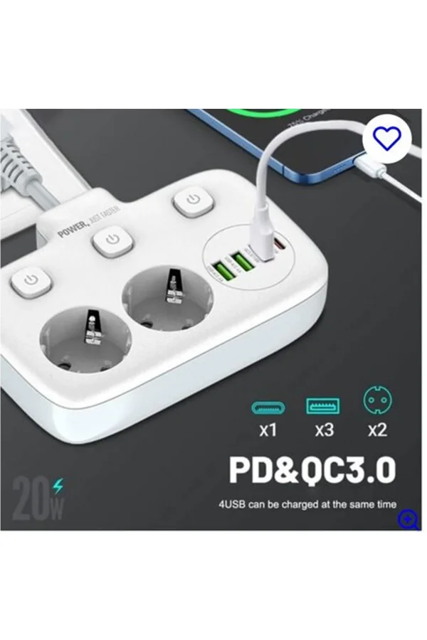 Akım Korumalı 2’li Ayrı Anahtarlı Priz, 2x Priz, 3x Usb, 1x Type-c, 2 Mt Kablo, Hızlı Şarj