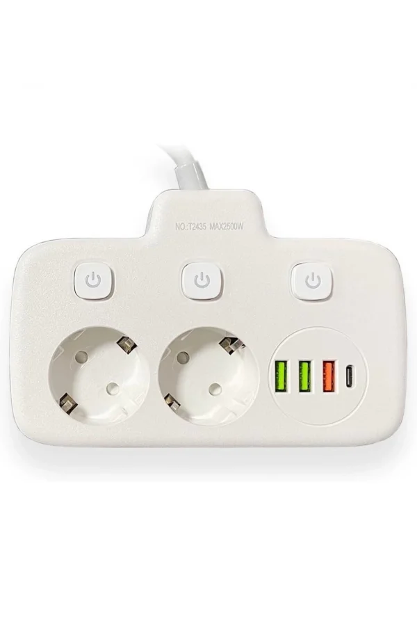 Akım Korumalı 2’li Ayrı Anahtarlı Priz, 2x Priz, 3x Usb, 1x Type-c, 2 Mt Kablo, Hızlı Şarj