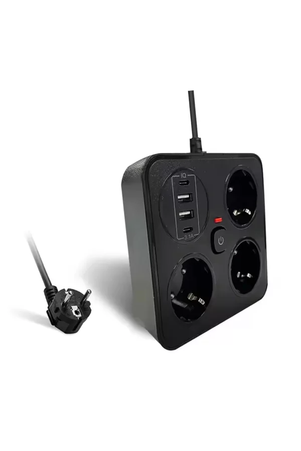 Akım Korumalı Anahtarlı Priz - 3x Priz - 2x Usb - 2x Type-c - 2 Mt Kablo Hızlı Şarj Özellikli Siyah