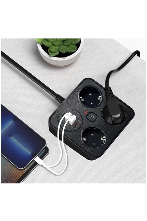 Akım Korumalı Anahtarlı Priz - 3x Priz - 2x Usb - 2x Type-c - 2 Mt Kablo Hızlı Şarj Özellikli Siyah