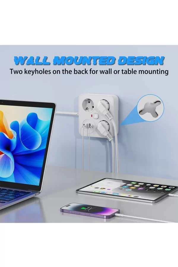 Akım Korumalı Anahtarlı Priz - 3x Priz - 2x Usb - 2x Type-c - 2 Mt Kablo Hızlı Şarj Özellikli Siyah